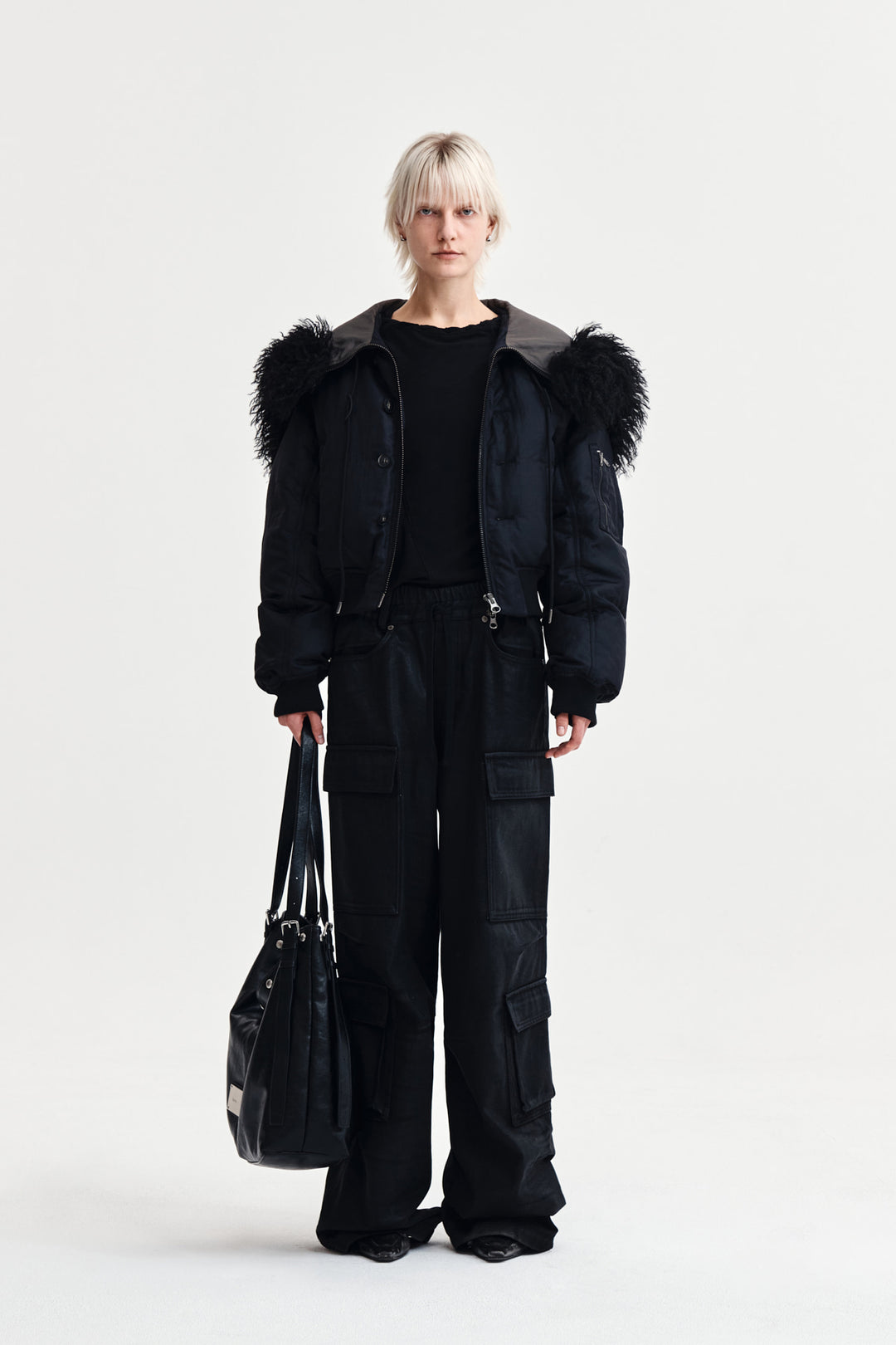 Matin Kim Coating Cargo Denim Pants — Black