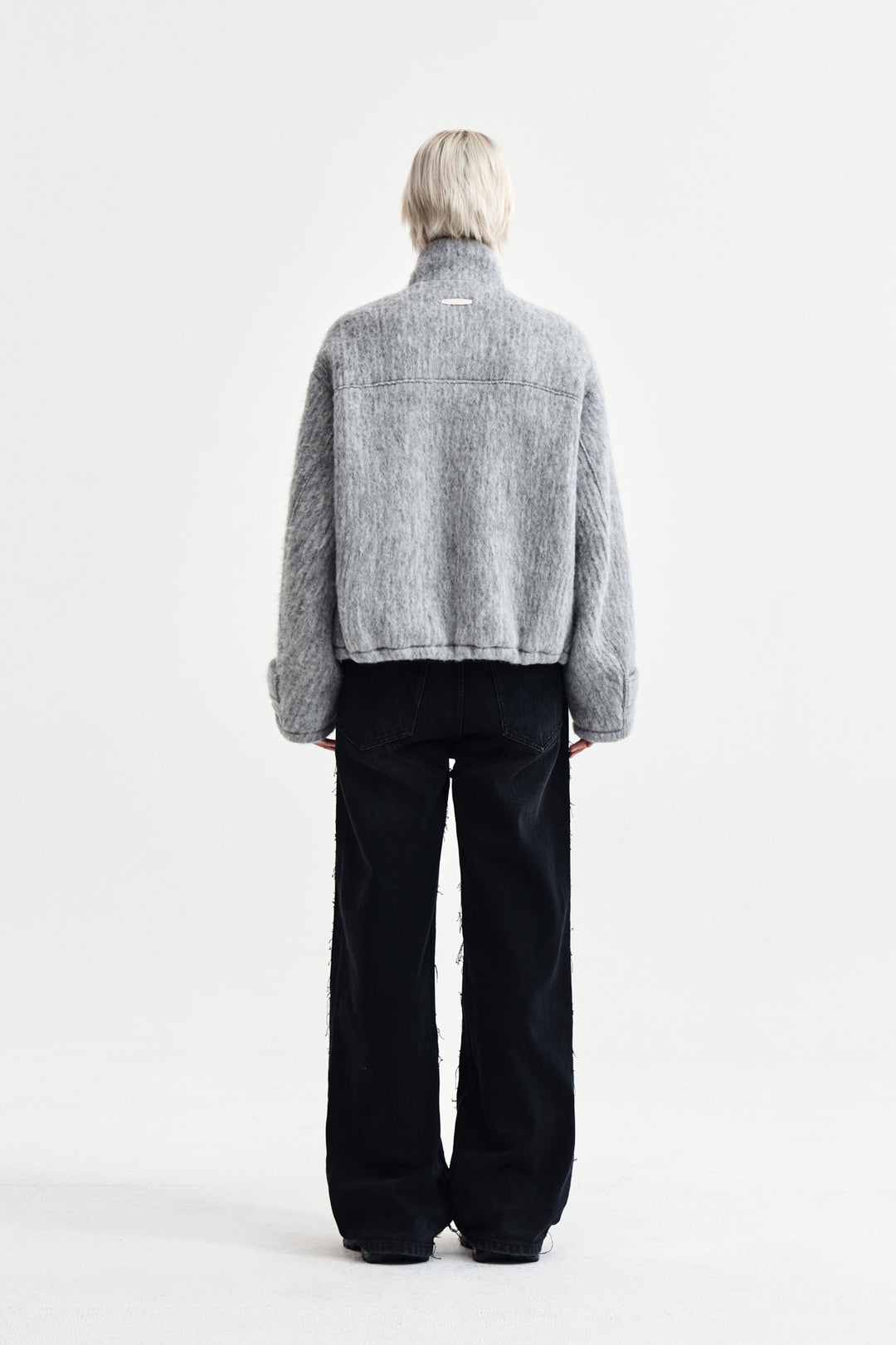 Matin Kim Hairy High Neck Zip Up Jumper — Light Grey