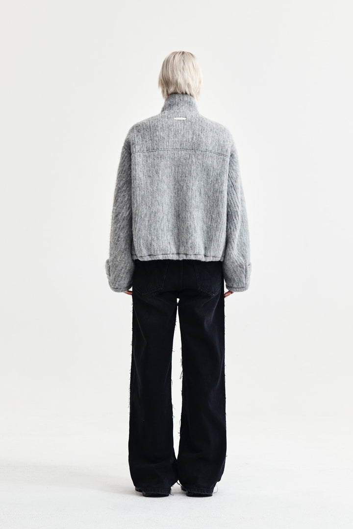 Matin Kim Hairy High Neck Zip Up Jumper — Light Grey