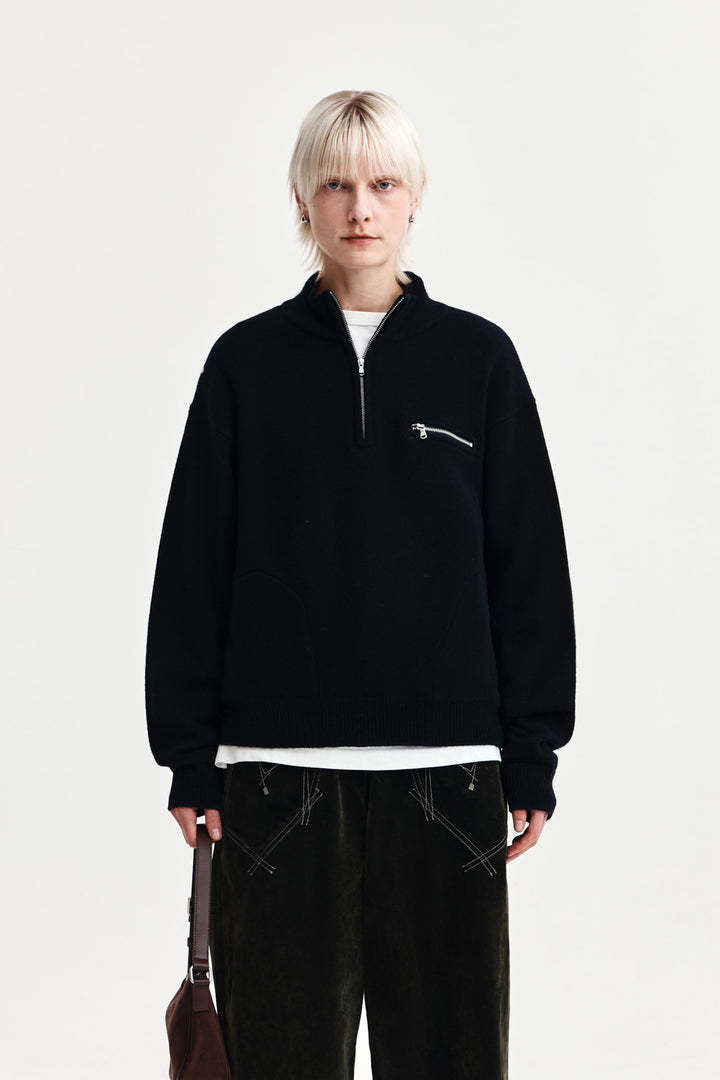 Matin Kim Back Logo Half Knit Zip Pullover — Navy blue