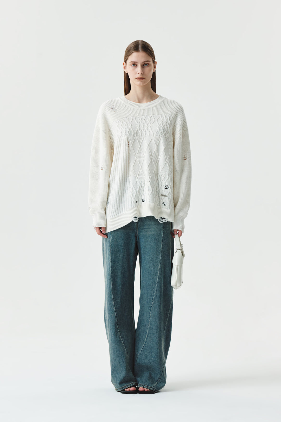 KIMMATIN Cable Mix Damage Knit Pullover — Ivory