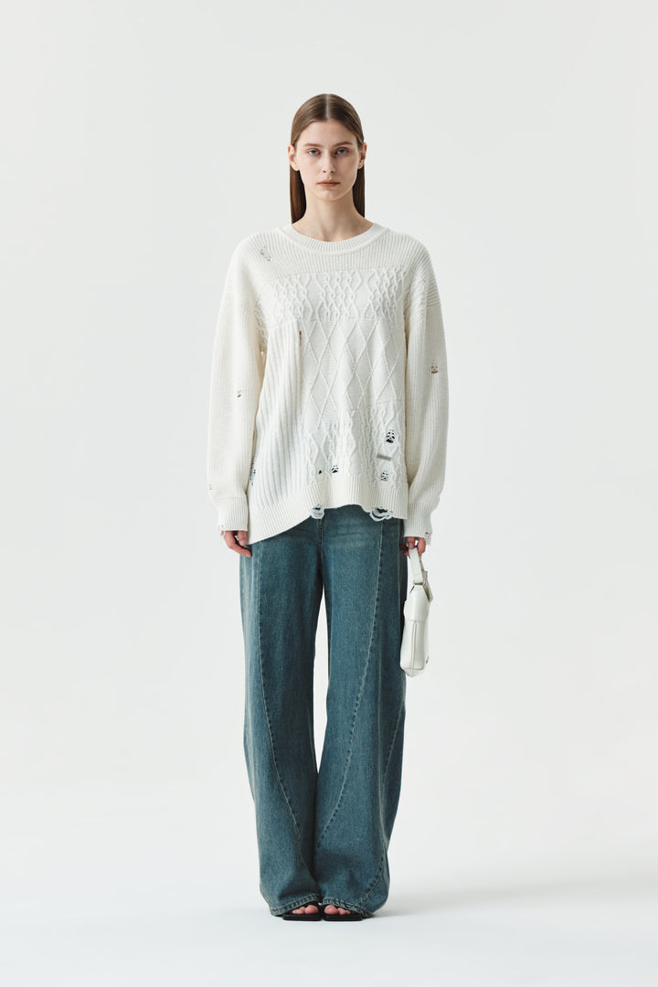 KIMMATIN Cable Mix Damage Knit Pullover — Ivory