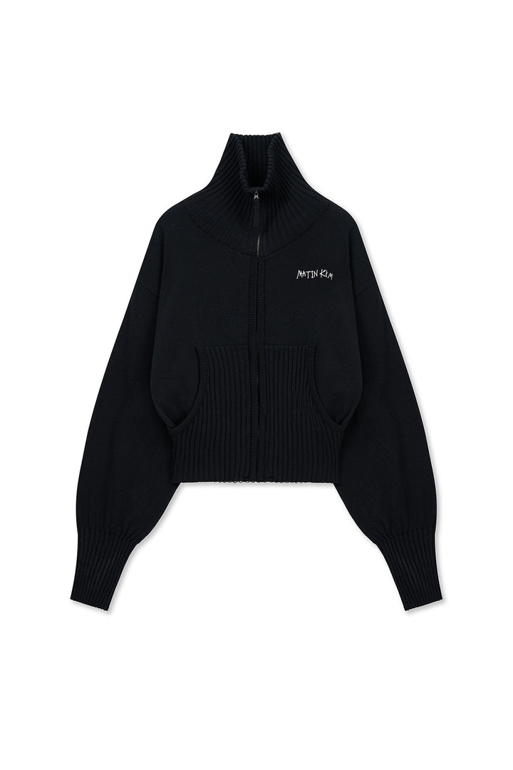 Matin Kim High Neck Embroidered Logo Zip Up — Black