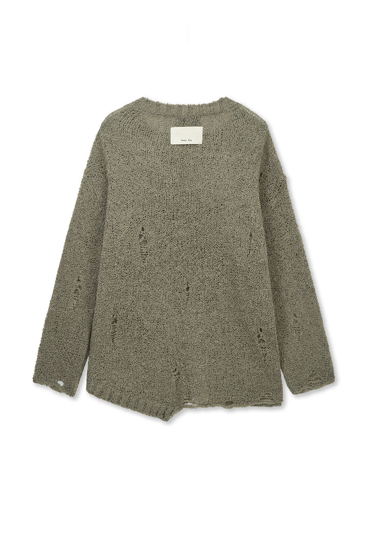 Matin Kim Asymmetric Damaged Knit Pullover — Khaki