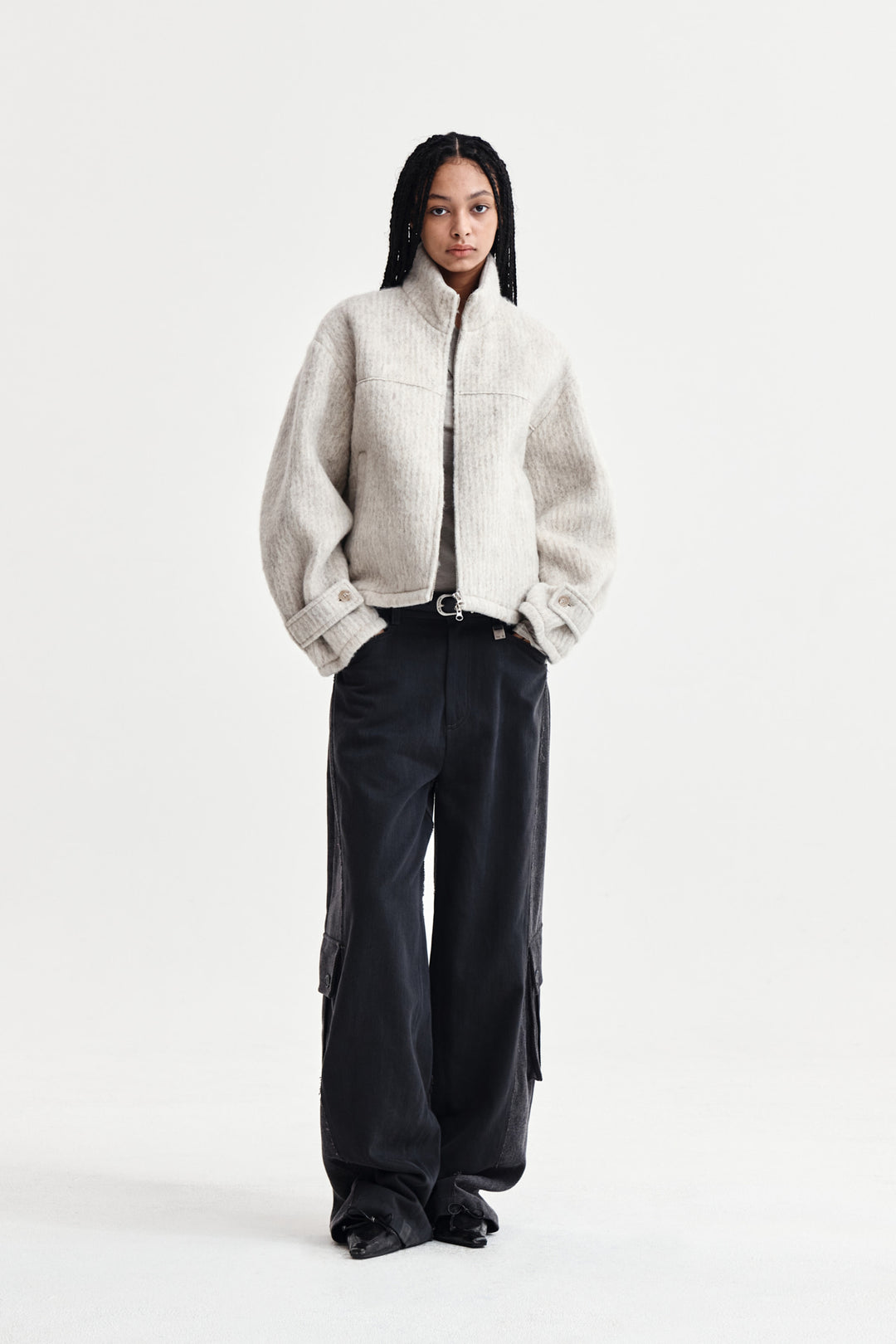 Matin Kim Hairy High Neck Zip Up Jumper — Beige