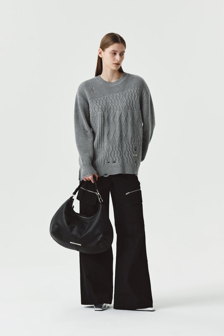 KIMMATIN Cable Mix Damage Knit Pullover — Gray