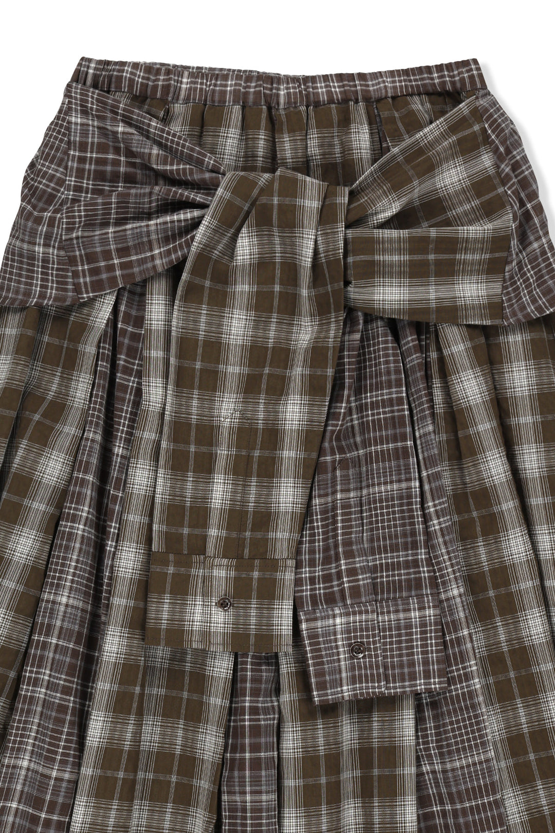 Matin Kim Mixed Check Sleeve Tie Flare Skirt — Brown