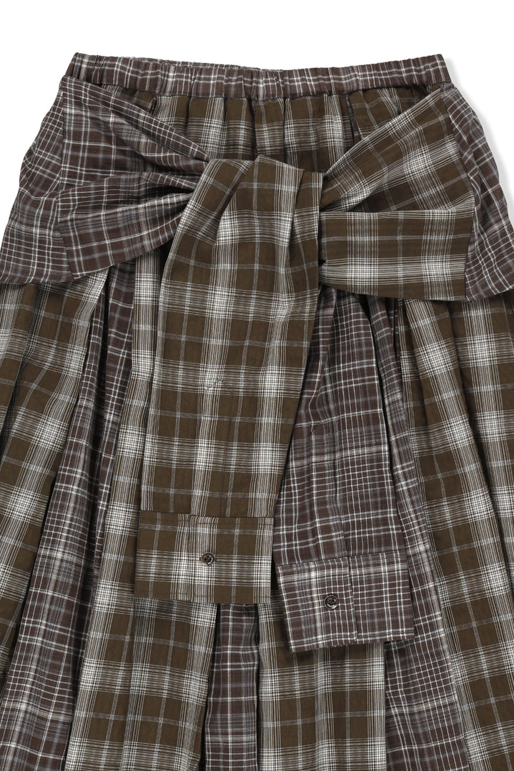 Matin Kim Mixed Check Sleeve Tie Flare Skirt — Brown