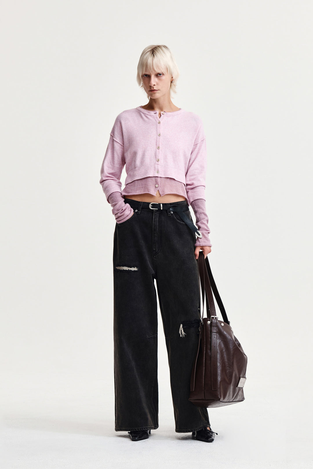 Matin Kim Back Logo Wide Denim — Charcoal