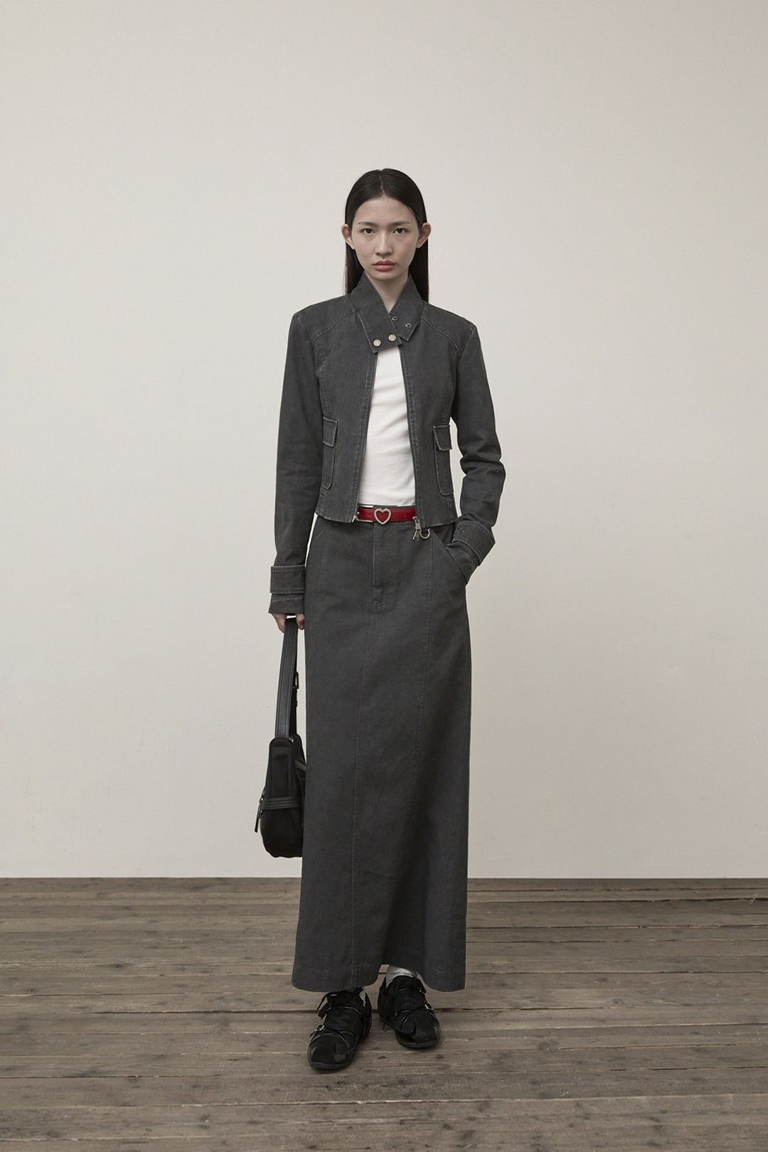Matin Kim Washed Slim Biker Jumper — Charcoal