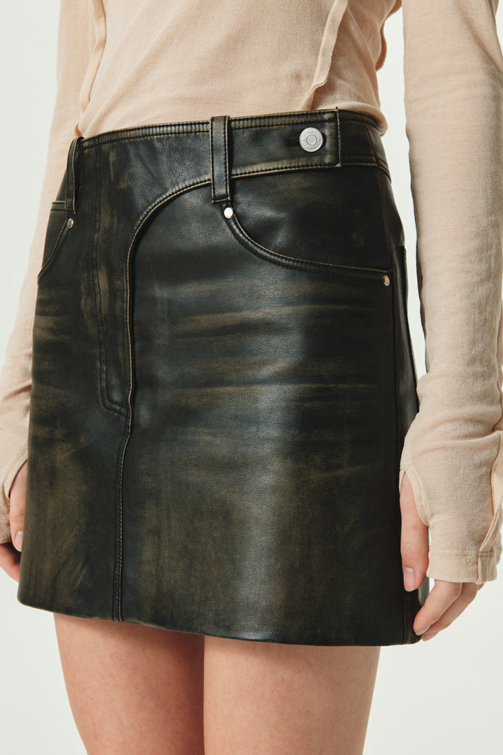 KIMMATIN Washed Faux Leather Mini Skirt — Brown