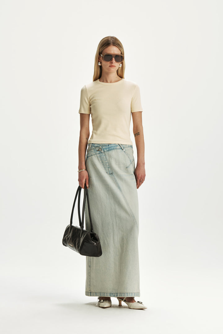 KIMMATIN Waist Point Denim Maxi Skirt — Light Blue