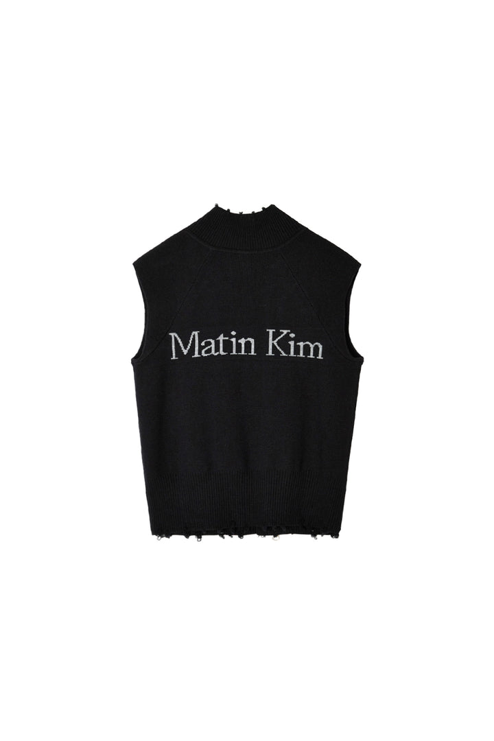 Matin Kim High Neck Logo Knit Zip Vest — Black