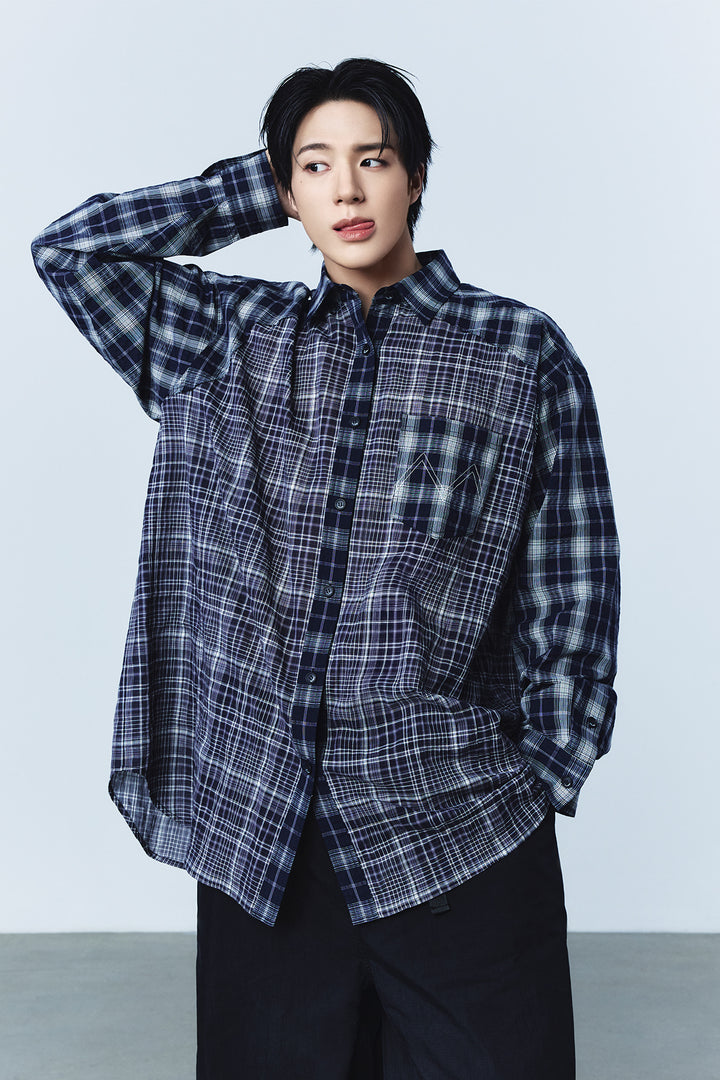 Matin Kim Mixed Check Overfit Shirt — Navy blue
