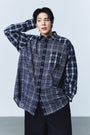 Matin Kim Mixed Check Overfit Shirt — Navy blue