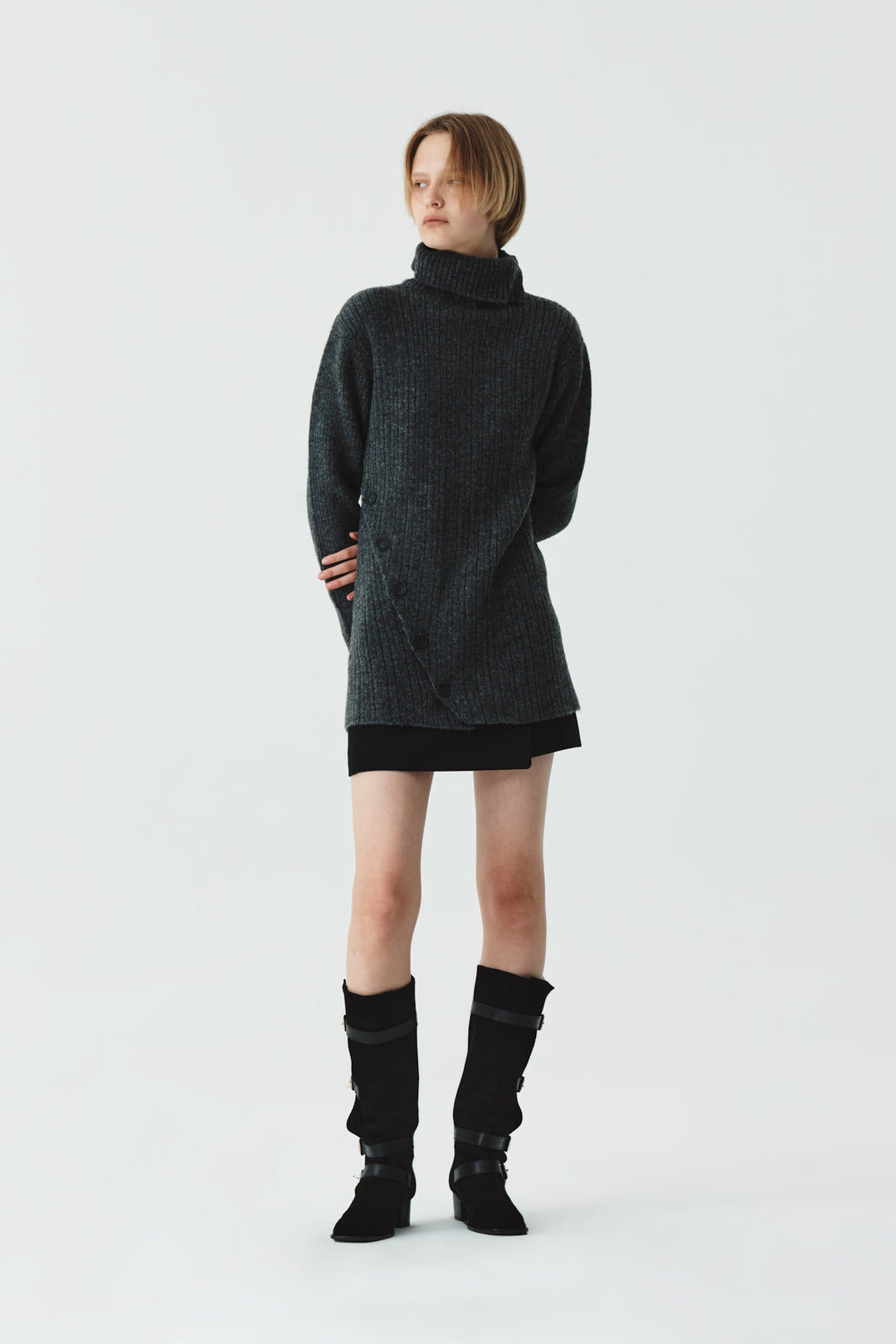 KIMMATIN Button Slit Knit Dress — Charcoal
