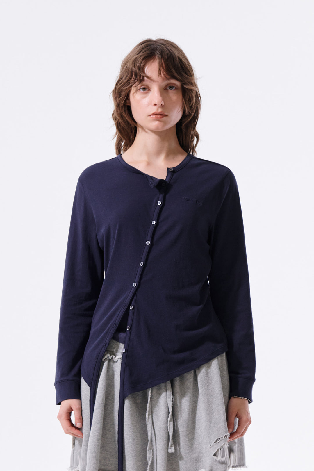 Matin Kim Asymmetric Button Closure Top — Navy blue