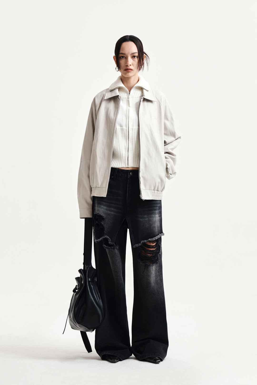 Matin Kim Small Logo Faux Leather Zip-Up — Light Grey