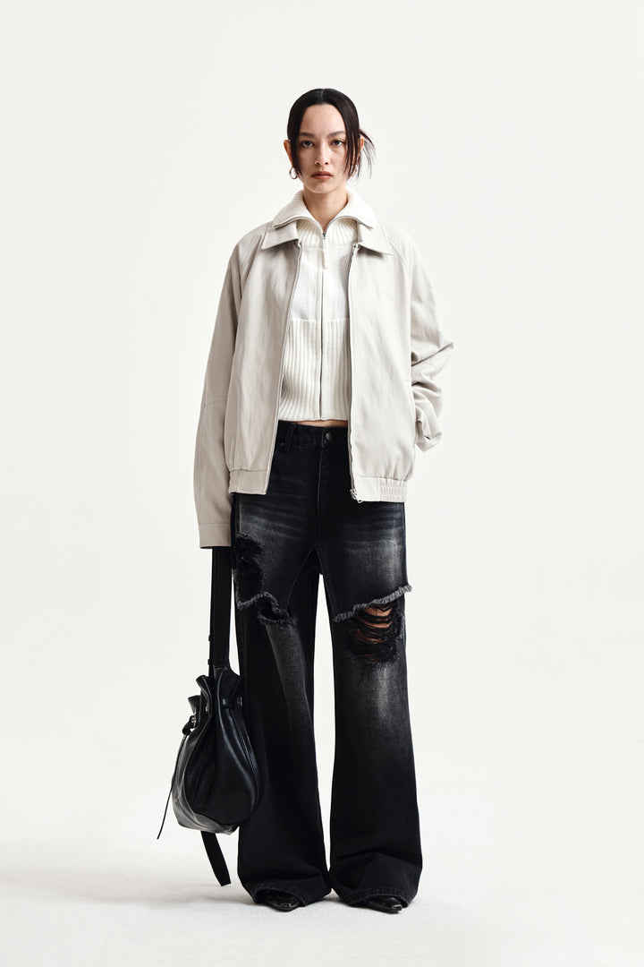 Matin Kim Small Logo Faux Leather Zip-Up — Light Grey