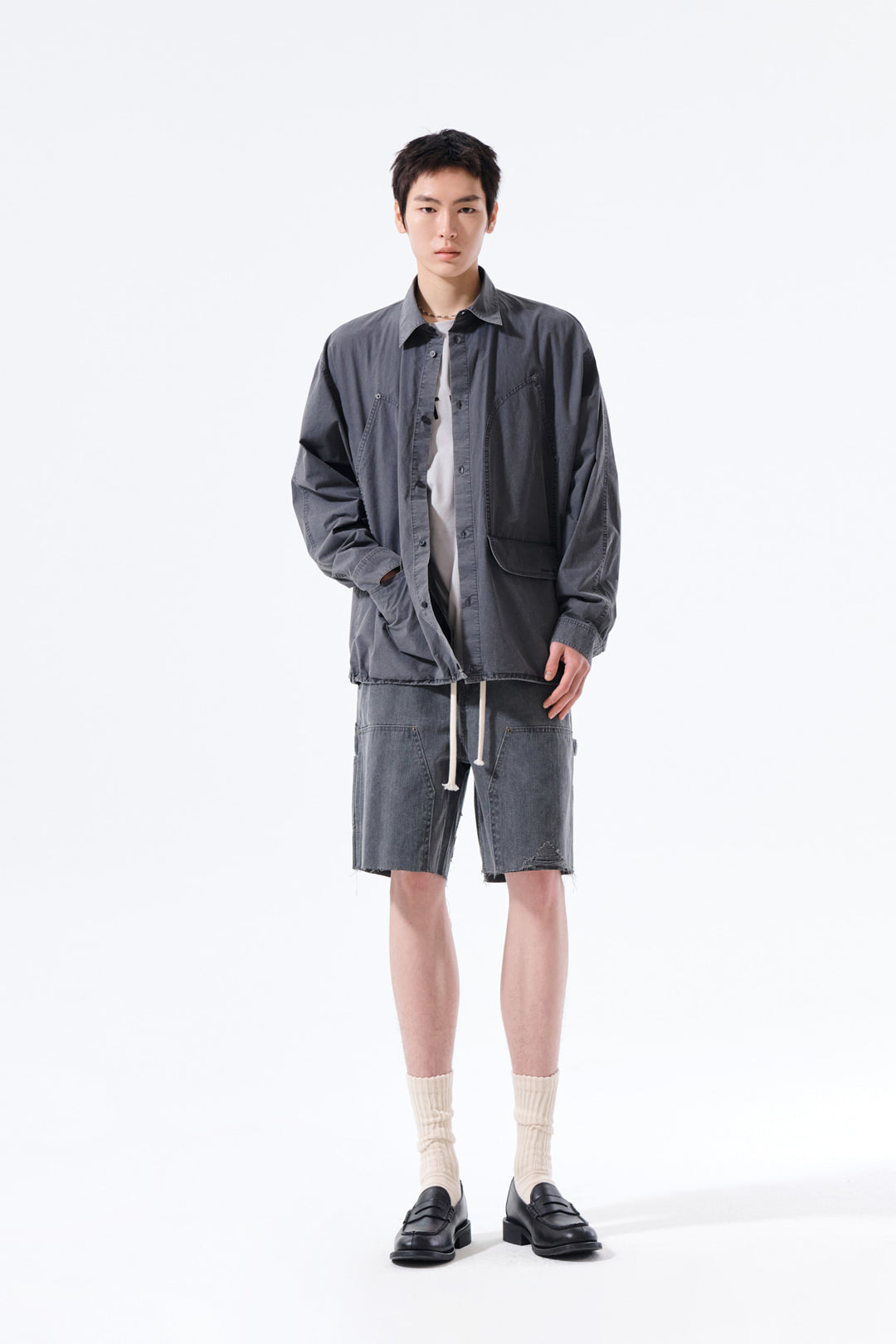 Matin Kim Washed Cotton Drawstring Shirt — Charcoal
