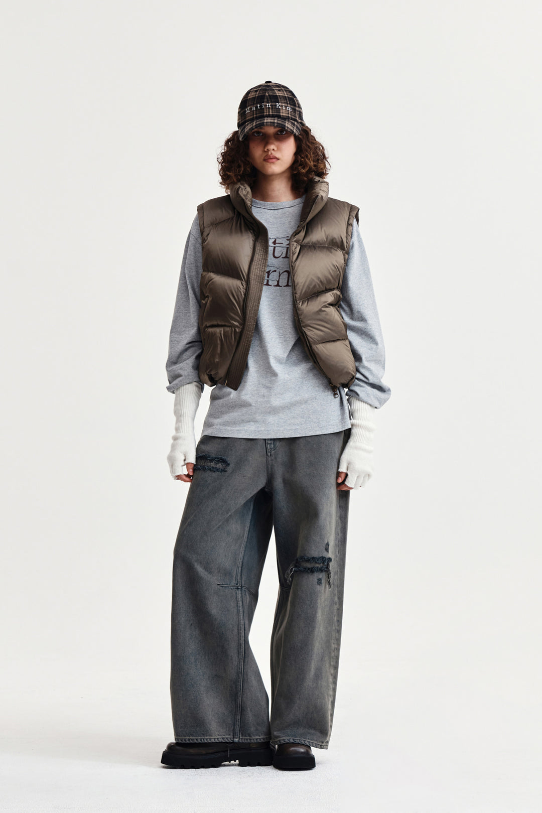 Matin Kim Back Logo Wide Denim — Smoke — Blue