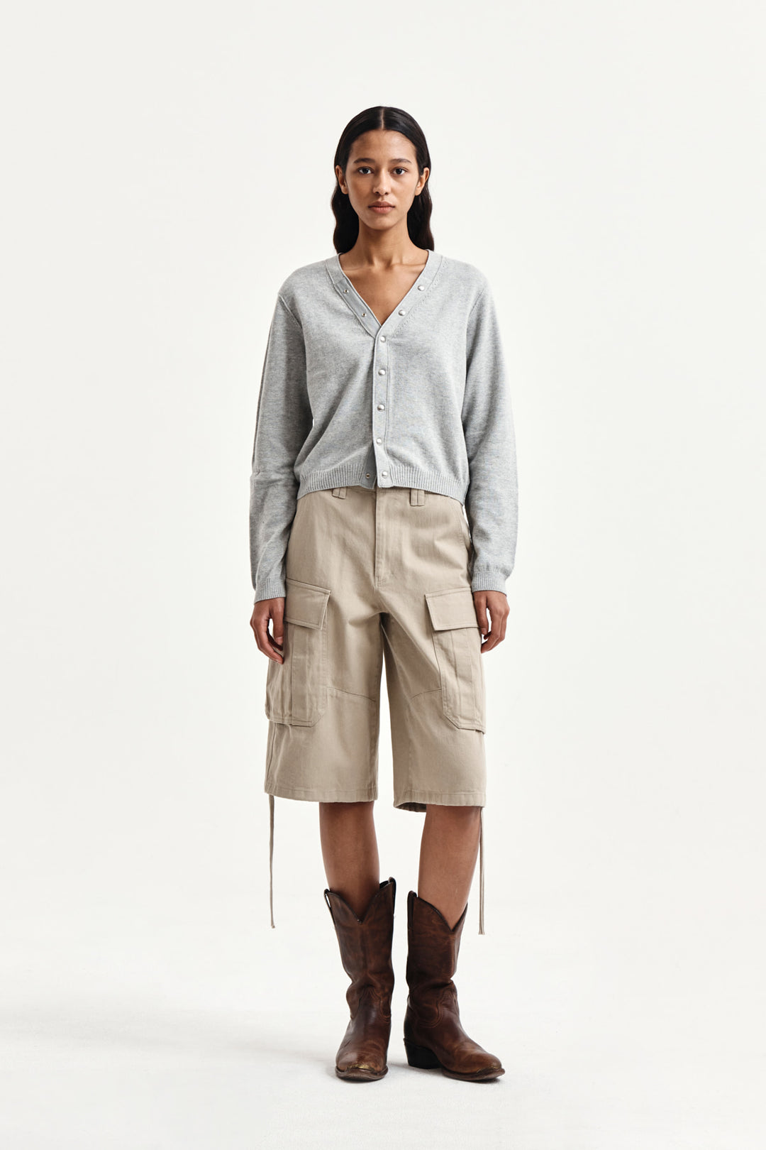 Matin Kim Back Logo Snap Button Cardigan — Gray