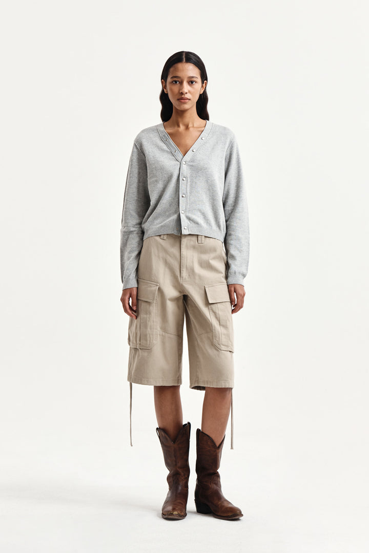 Matin Kim Back Logo Snap Button Cardigan — Gray