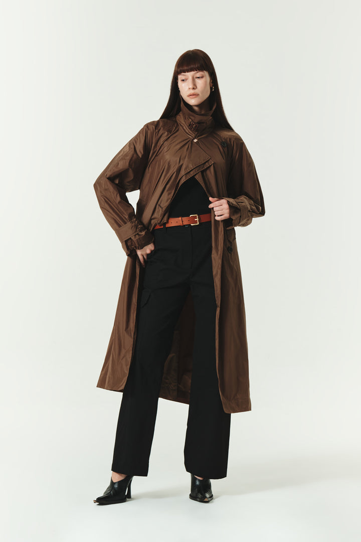 KIMMATIN Raglan Belted Nylon Trench Coat — Brown