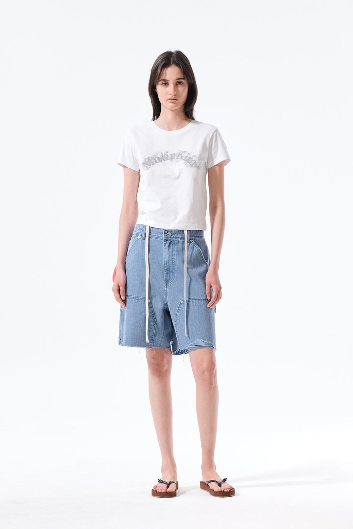 Matin Kim Herringbone Raw Cut Denim Shorts — Light Blue