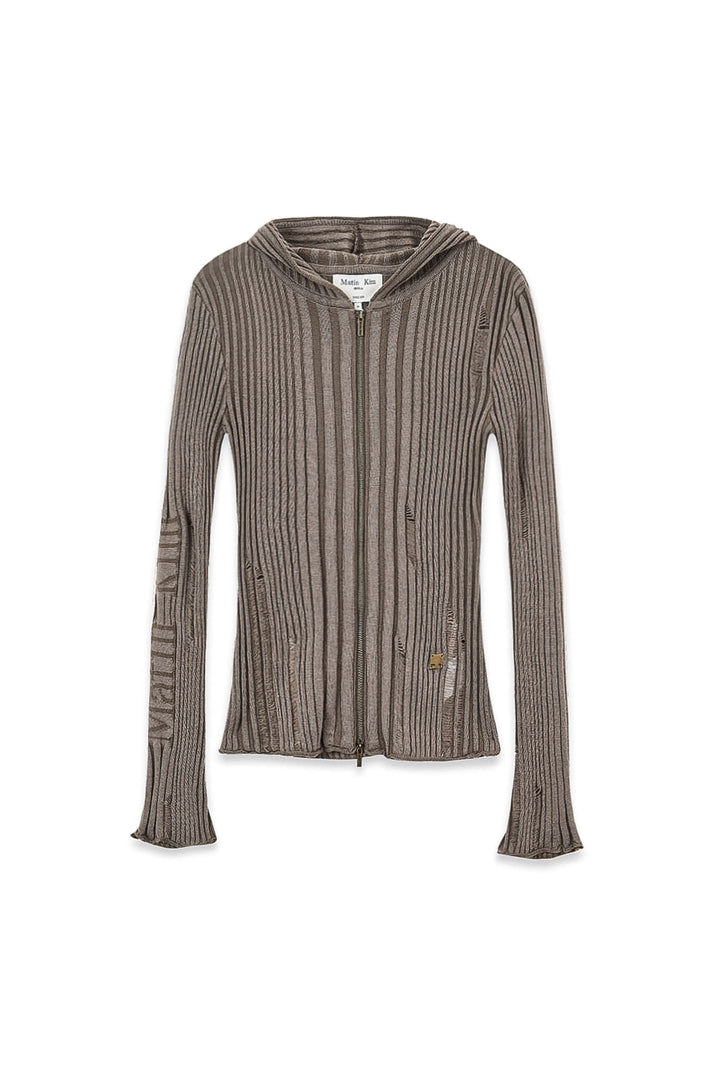 Matin Kim Logo Point Damage Slim Hoody Cardigan — Brown