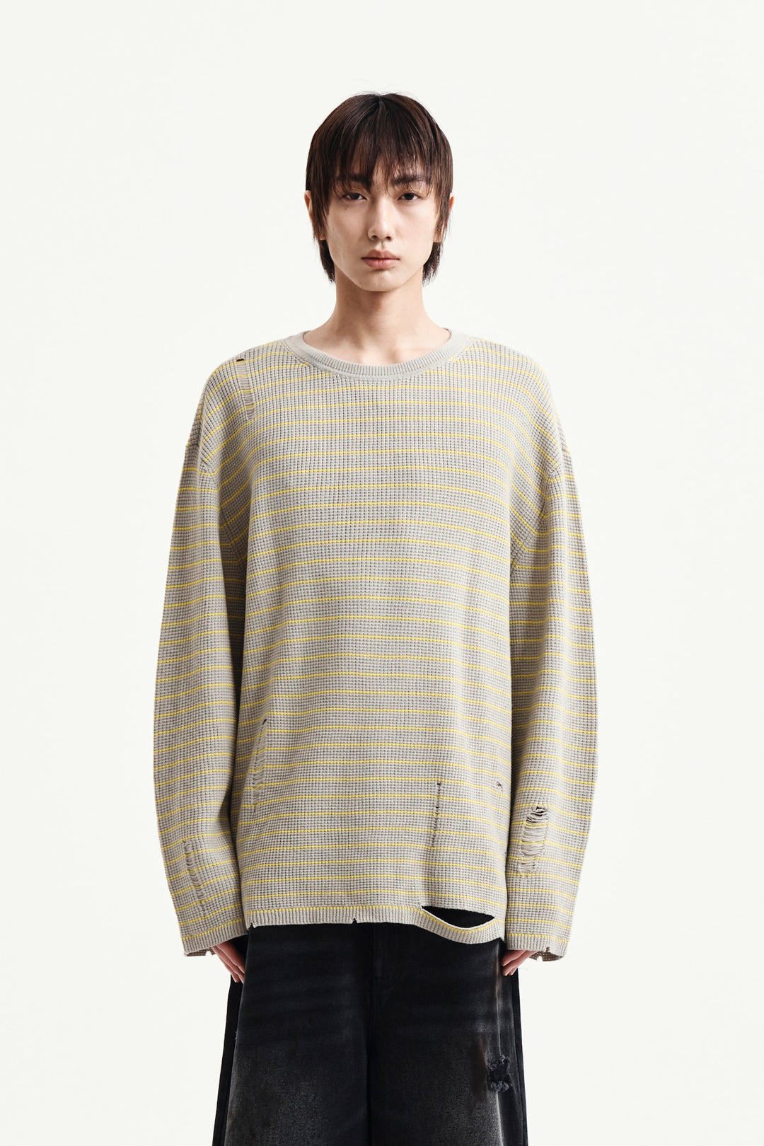 Matin Kim Stripe Damaged Loose Pullover — Beige