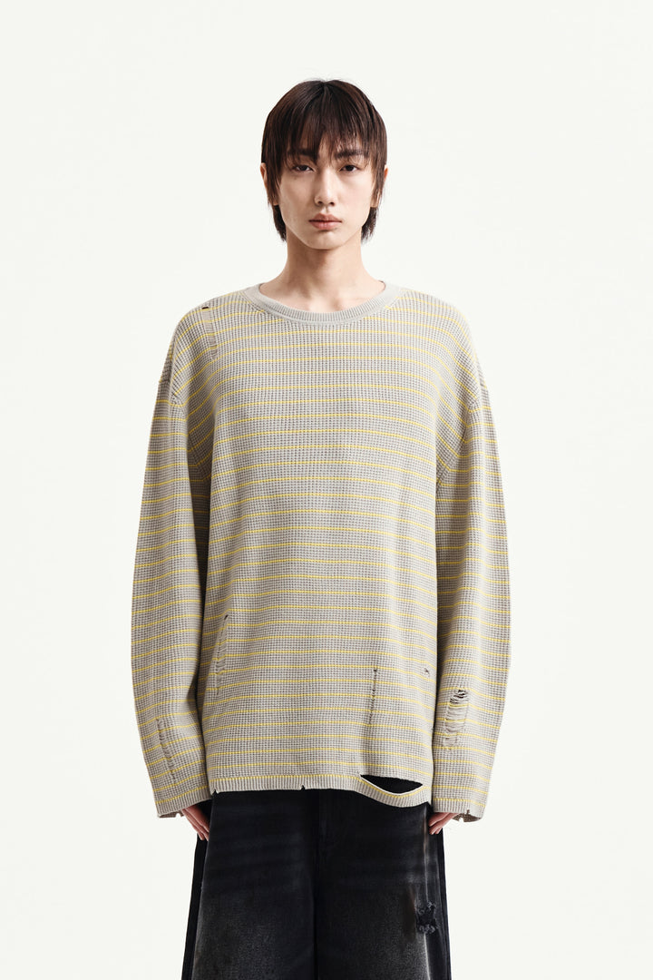Matin Kim Stripe Damaged Loose Pullover — Beige