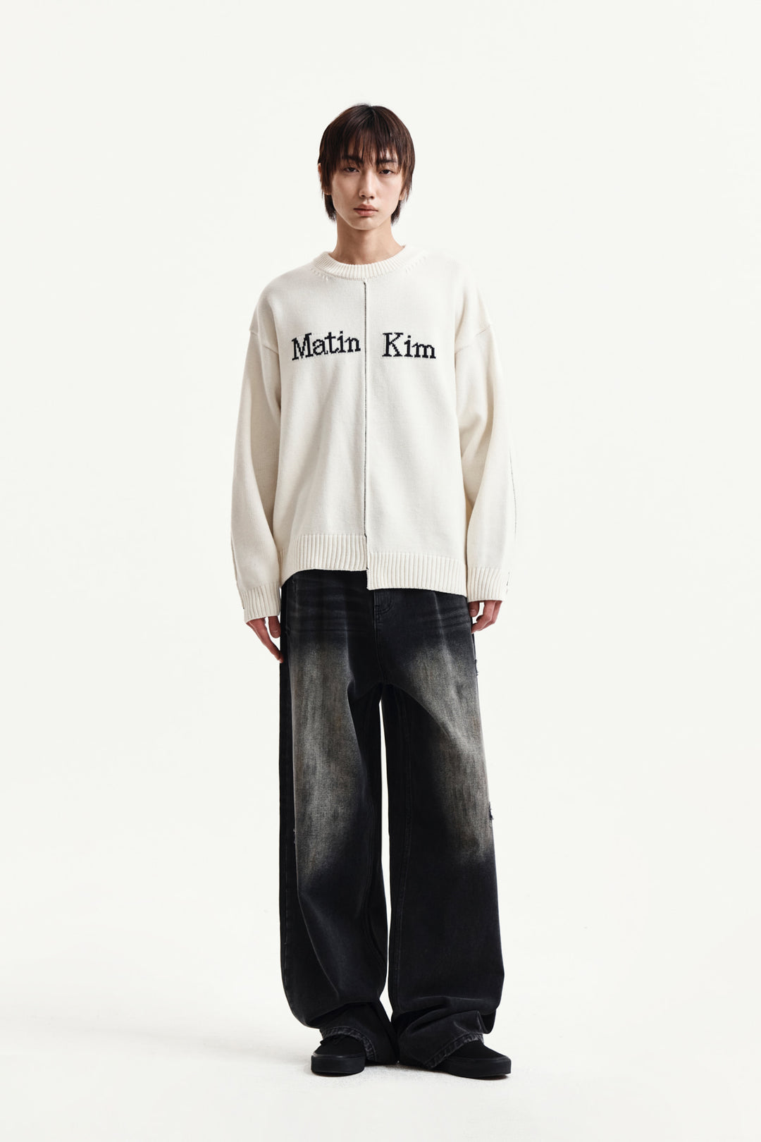 Matin Kim Asymmetric Logo Knit Pullover — Ivory