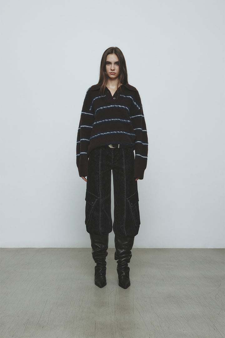 KIMMATIN Hairy Stripe Piqué Knit Top — Brown