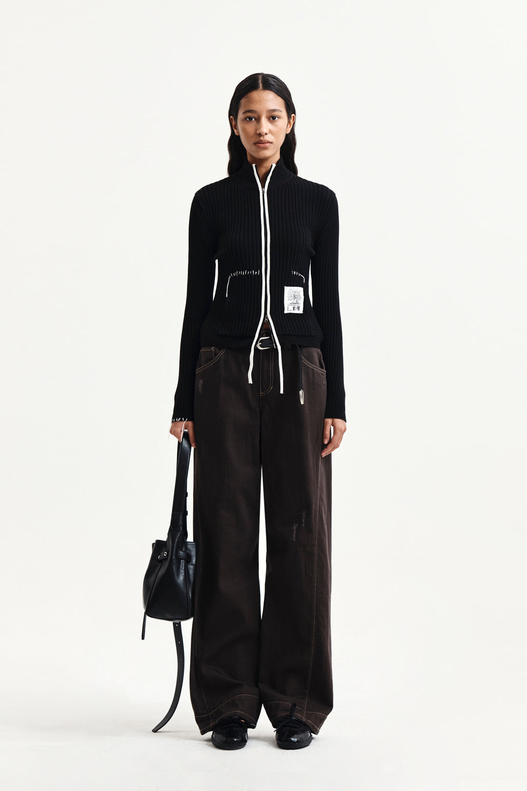 Matin Kim Waist Buckle Stitch Twill Denim — Brown