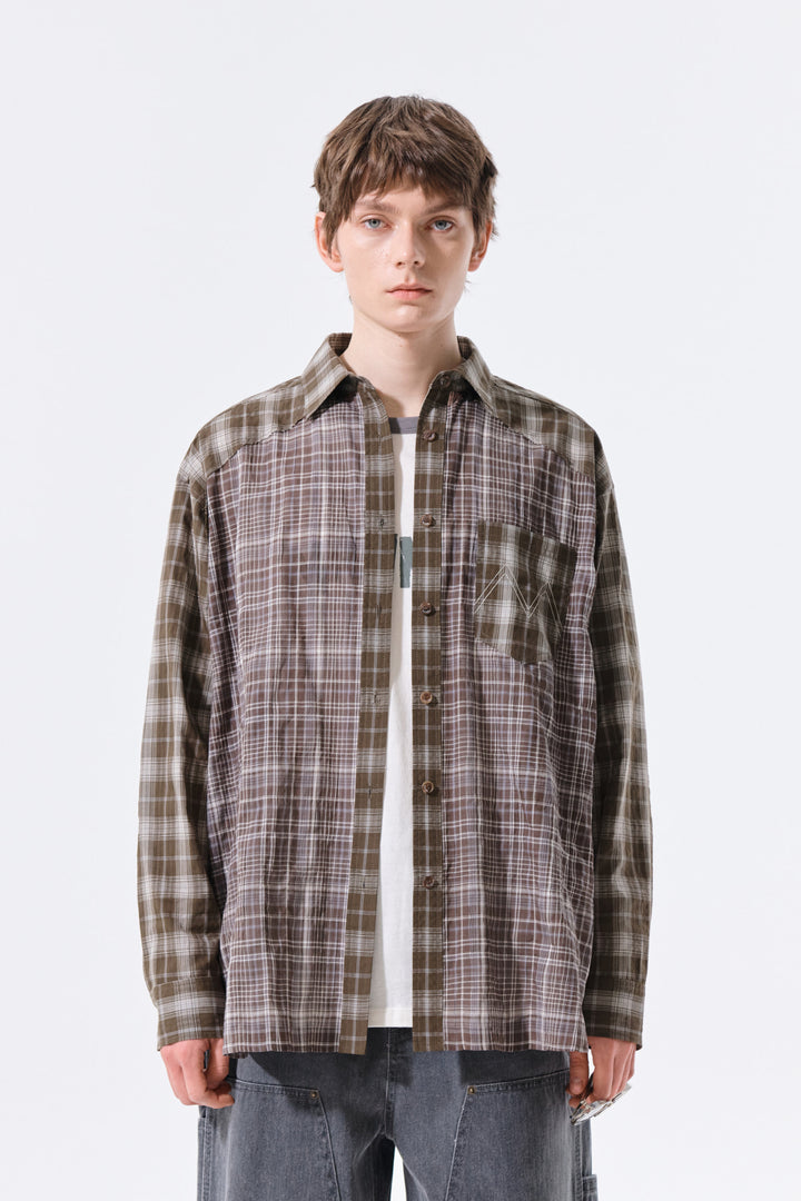Matin Kim Mixed Check Overfit Shirt — Brown