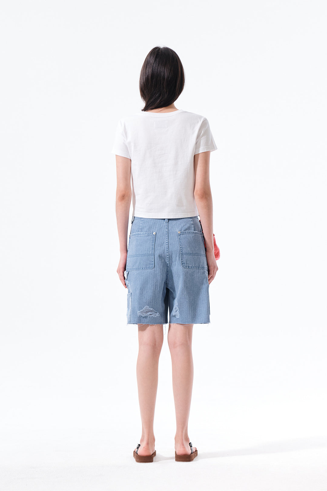 Matin Kim Herringbone Raw Cut Denim Shorts — Light Blue