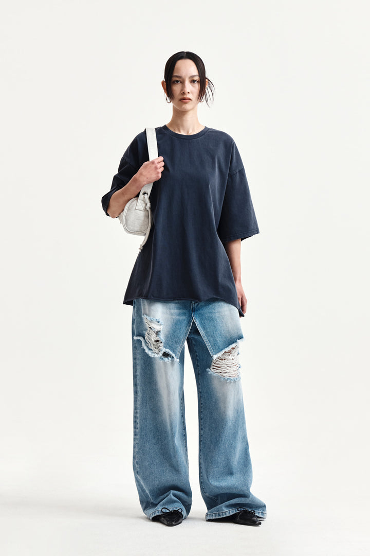 Matin Kim Raw Cut Graffiti Logo Top — Navy blue