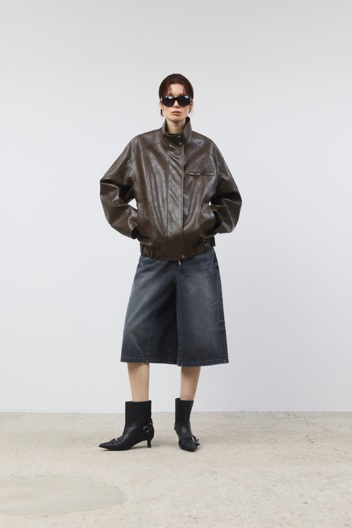 KIMMATIN Oversize Leather Biker Jumper — Brown