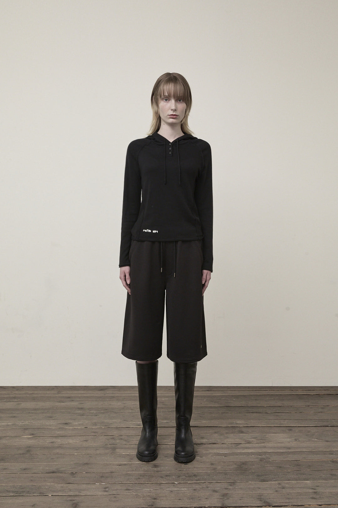 Matin Kim Button Hoody Raglan Knit — Black