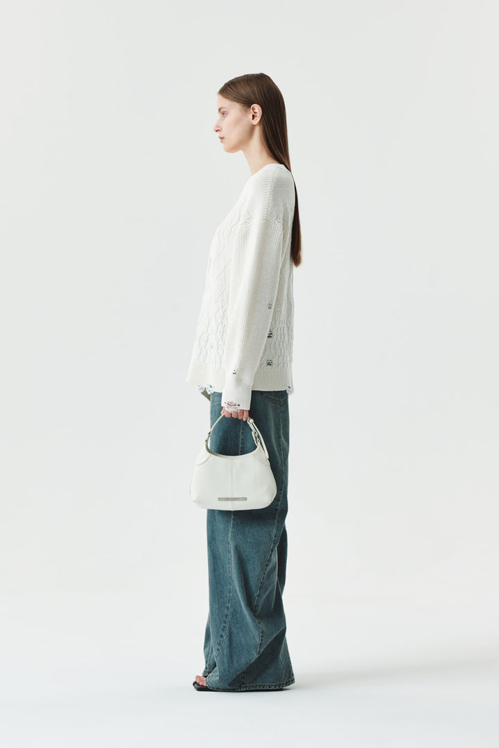 KIMMATIN Cable Mix Damage Knit Pullover — Ivory