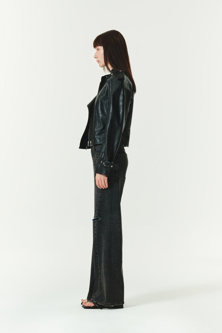KIMMATIN Raglan Crop Leather Jumper — Black
