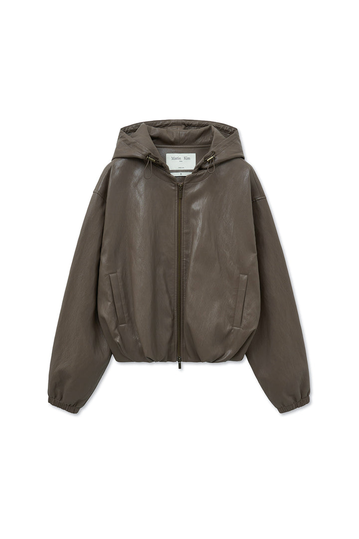 Matin Kim Faux Leather Hoody Crop Jumper — Brown