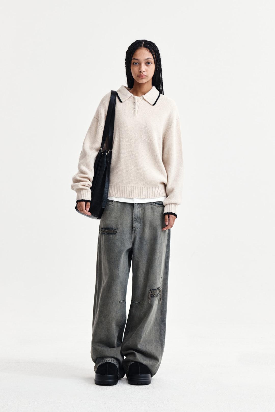 Matin Kim Back Logo Collar Knit Top — Ivory