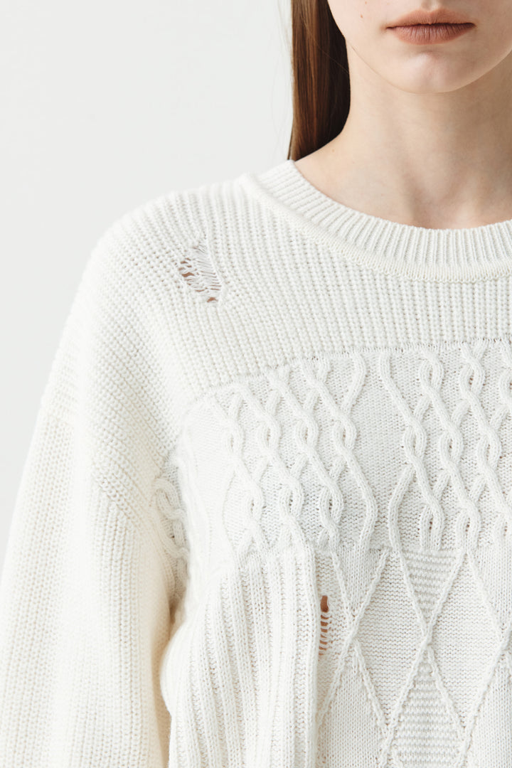 KIMMATIN Cable Mix Damage Knit Pullover — Ivory