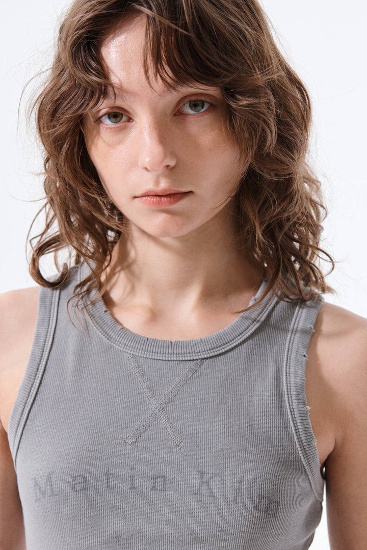 Matin Kim Distressed Sleeveless Logo Top — Light Grey