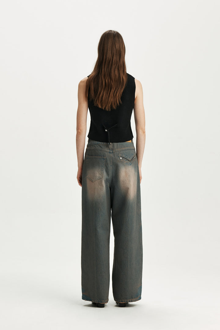 KIMMATIN Unbalance Belted Denim Pants — Blue