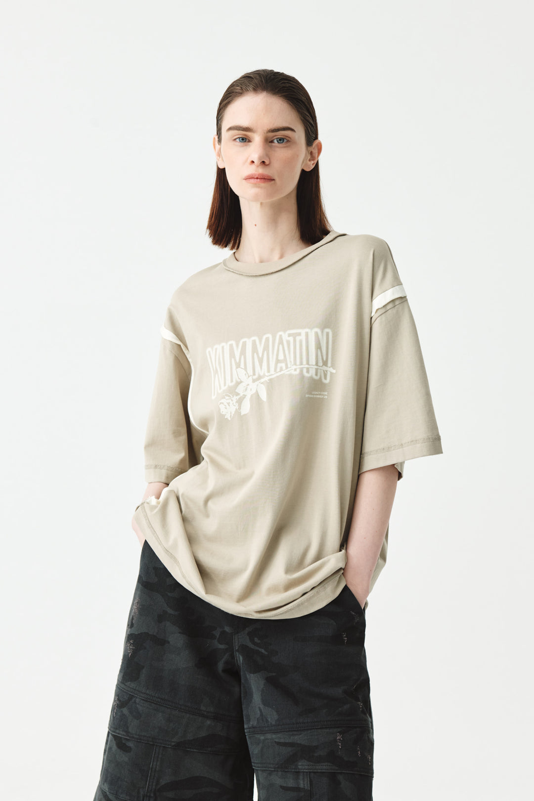 KIMMATIN Rose Print Oversize Tee — Beige