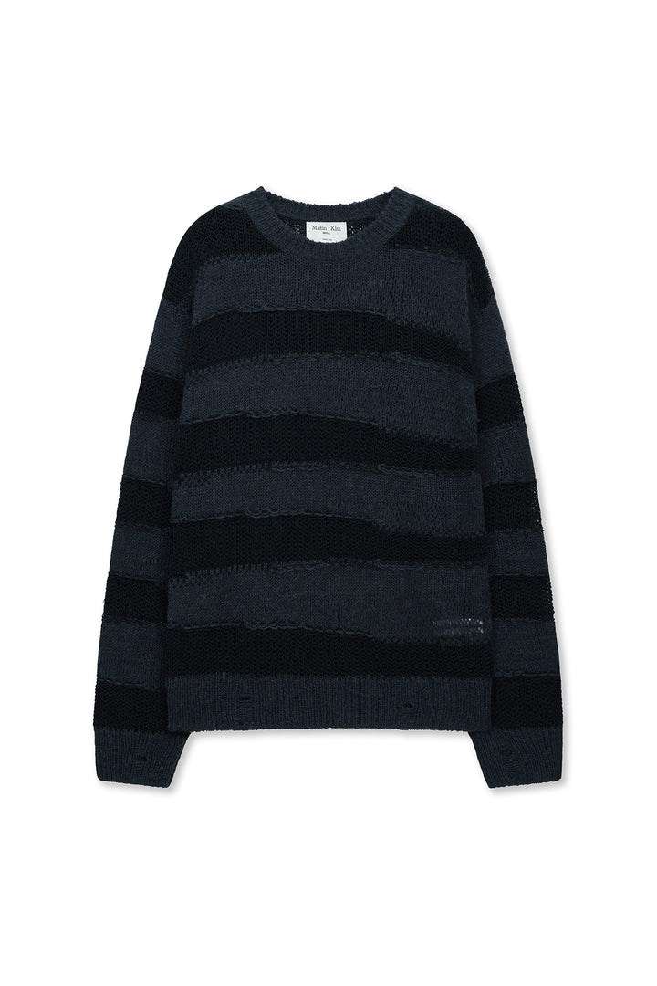 Matin Kim Texture Block Stripe Knit Pullover — Navy blue