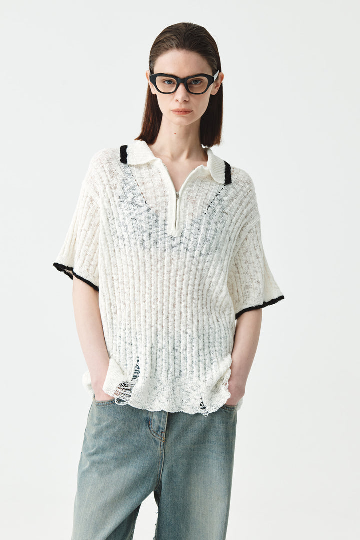 KIMMATIN Half Zip Slub Pique Knit Top — Ivory